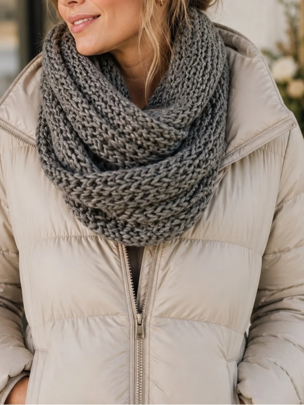 Gray Chunky Knit Infinity Scarf Oversized Cozy Winter Loop Scarf